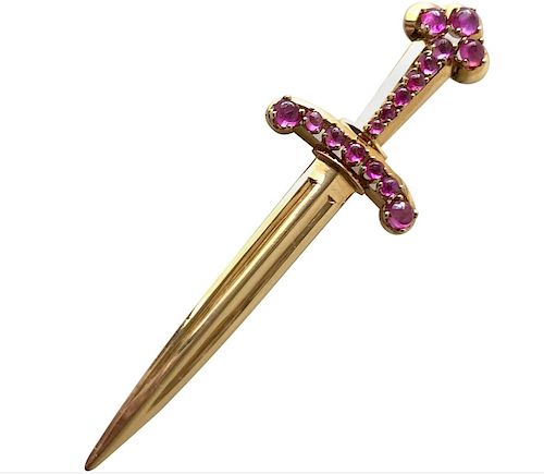 1950s Paul Lackritz Rose Gold Ruby Sword Pin with Original Box