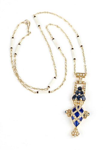 A sapphire, diamond and enamel pendant and chain