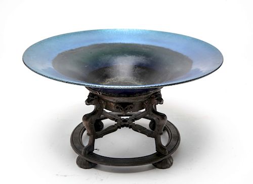 Lustre Art Iridescent Glass Bowl w Metal Base