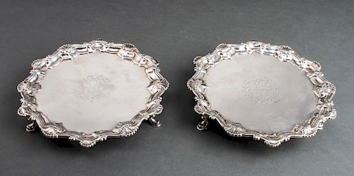 English Georgian Silver Salvers 1755, Pair
