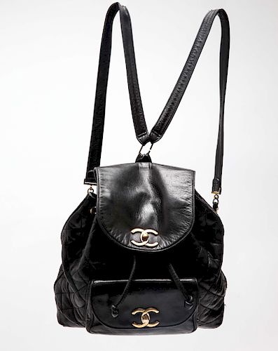 Chanel Black Quilted Leather Drawstring Backpack