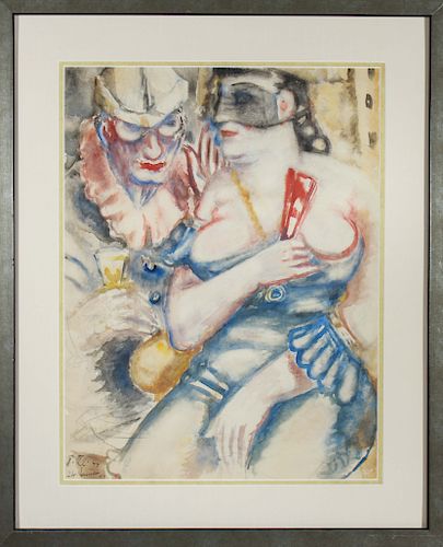 Illegibly Signed Harlequin & Woman Watercolor 1944