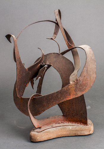 Modern Abstract Iron on Wood Base Sculpture