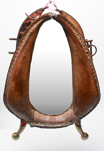 Horse Harness Mirror Leather Iron Wood & Brass