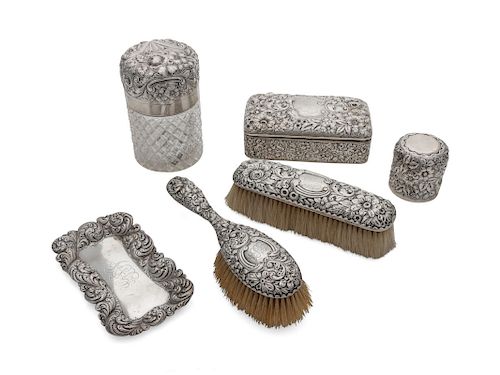 A Silver Vanity Set<br>6 items total.<br>Length o
