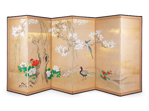 A Japanese Painted Paper Six-Panel Screen<br>20th