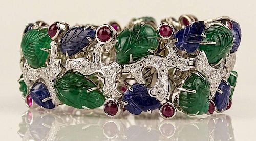 Lady's Cartier style approx. 80.0 Carat Carved Sapphire, Carved Emerald, Cabochon Ruby, approx. 4.0 Carat Pave Set Diamond and 18 Karat White Gold Tut