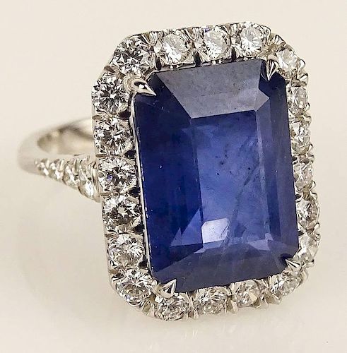 PGS Certified 10.32 Carat Rectangular Shape Sapphire and 18 Karat White Gold Ring Accented with 1.24 Carats Round Cut Diamonds