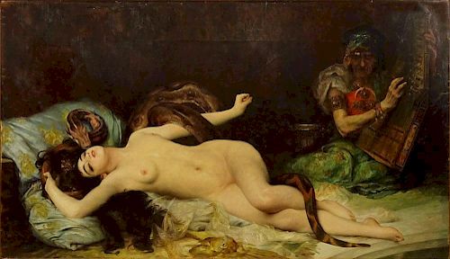 Studio of: Gustave Courbet, French (1819-1877) Monumental Oil on Canvas, Nude and the Snake Charmer.