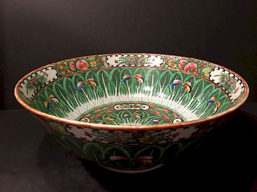 OLD Chinese cabbage flower punch bowl, late 19th century. 12" diameter.