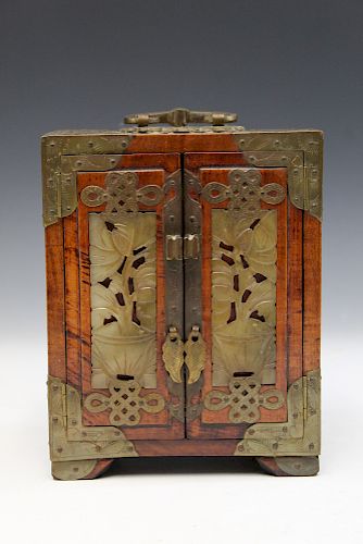 Chinese hardwood jewelry box with carved jade inlaid.