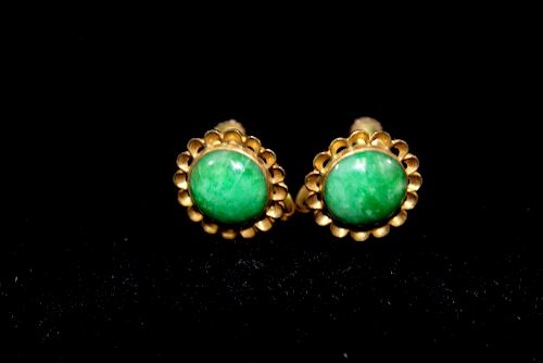 Pair of 14k gold and jade earrings.
