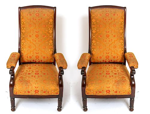 Victorian Carved Wood & Upholstered Arm Chairs, Pr
