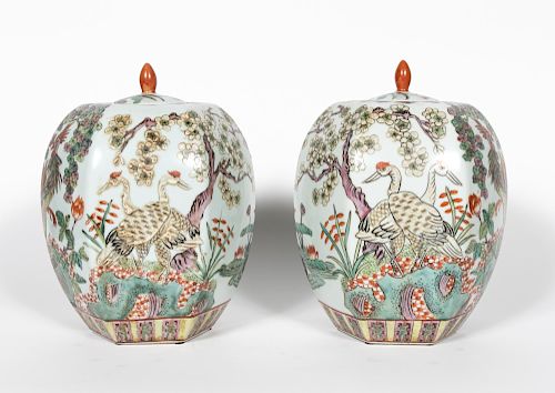 Pair, Chinese Hexagonal Lidded Urns