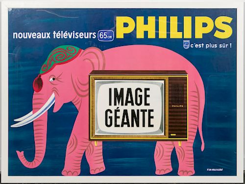 Vintage French Philips Elephant Lithograph Poster