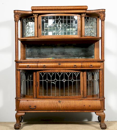 Tiger Oak and Leaded Glass Panel Buffet