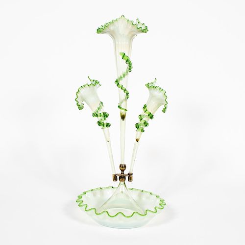 Early 20th C. Opalescent and Green Glass Epergne