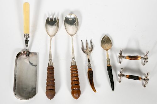 7 PC., Mostly Horn Handled Silverplate Serveware