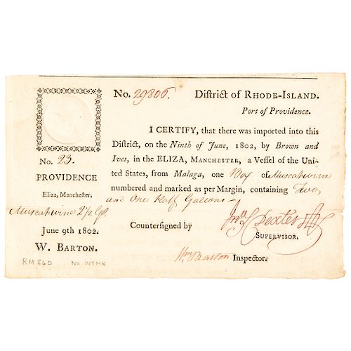 General WILLIAM BARTON Signed Partly-Printed Providence Port Inspector Document