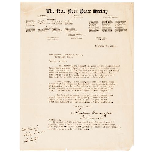 1911 ANDREW CARNEGIE Typed Signed The New York Peace Society Letter
