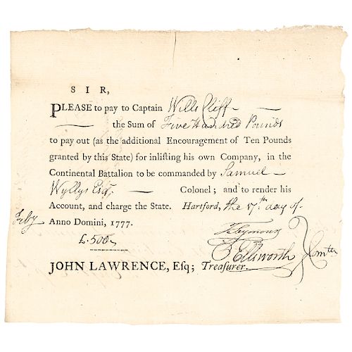 OLIVER ELLSWORTH, United States Constitution Drafter Signed Enlisting Document