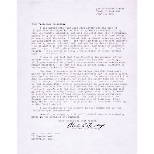 Aviator CHARLES A. LINDBERGH Autograph Letter Signed About His Family History