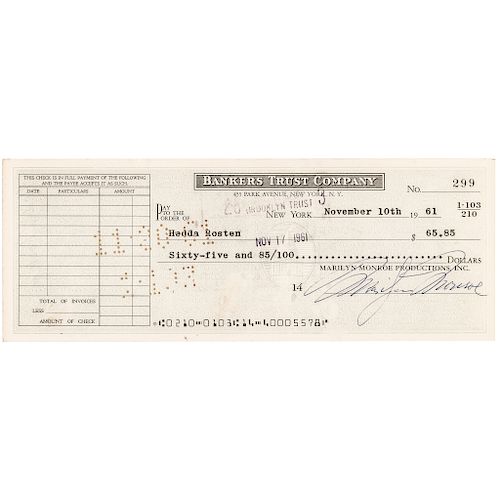 Superb MARILYN MONROE Check Signed, November 10th, 1961