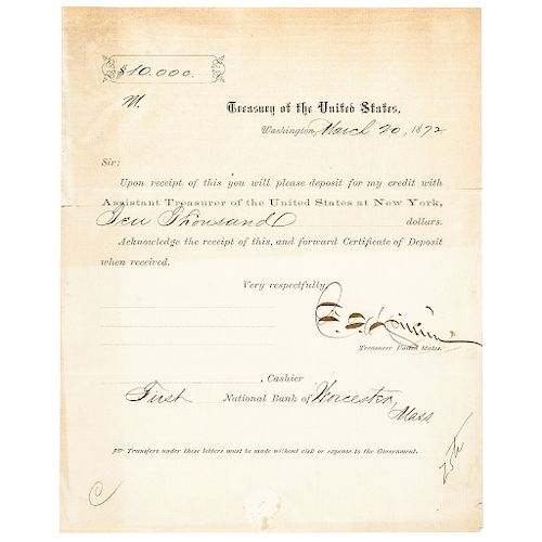 FRANCIS ELIAS SPINNER Signed Treasury Transfer, President Lincolns Treasurer 