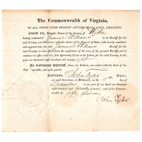 December 5, 1826 JOHN TYLER Signed Sheriffs Appointment as Governor of Virginia