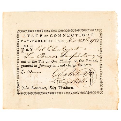 1783 OLIVER WOLCOTT JR. Signed Conn. Pay to Col. Eli Mygatt