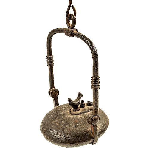 c. 1770s Impressive Rare Design Revolutionary War Heavy Iron Grease / Oil Lamp