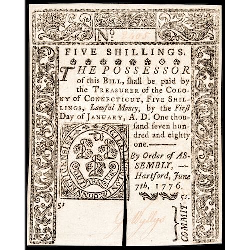 Colonial Currency, Connecticut June 7, 1776, 5s, GEM Crisp Uncirculated Note