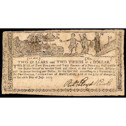 Colonial Currency, Maryland July 26, 1775 Allegorical - Gunpowder Political Note
