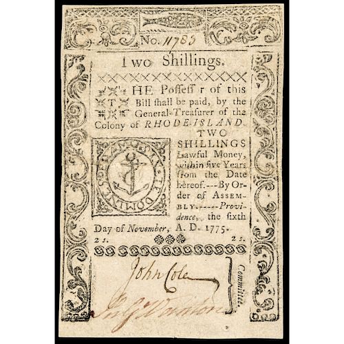 Colonial Currency, Rhode Island November 6, 1775 Two Shillings PCGS VF-30