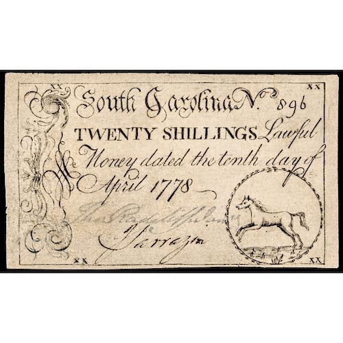 Colonial Currency, SC. April 10, 1778 20 Shillings HORSE Vignette PMG VF-20
