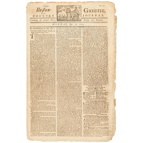 July 1770 Paul Revere Masthead Boston Gazette Newspaper and Boston Massacre News