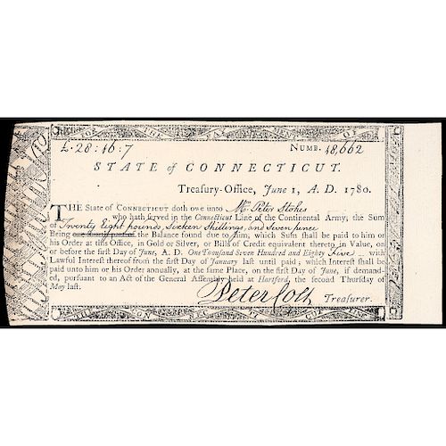 Peter Colt Signed Pay Order for a Connecticut Line Revolutionary War Veteran
