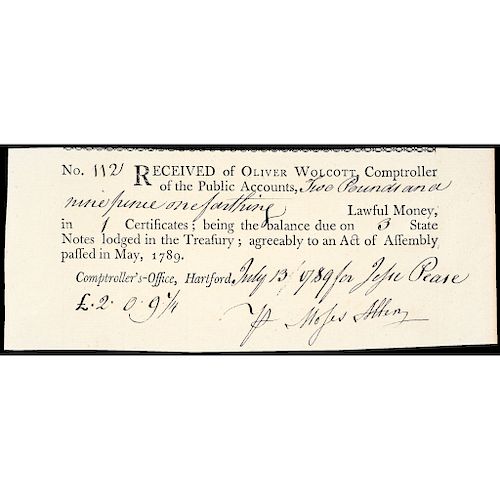 Oliver Wolcott Jr. 1789 Printed Document to Moses Allen, Private at Valley Forge