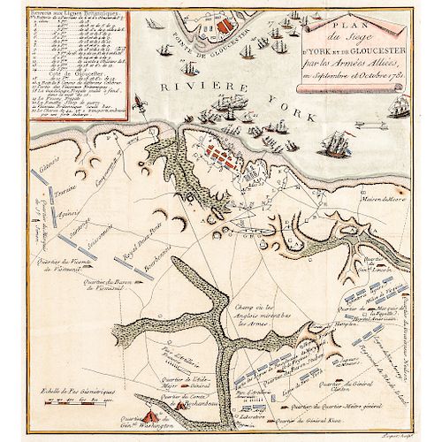 c. 1787 Revolutionary War Handcolored Map of the Siege of York Town October 1781
