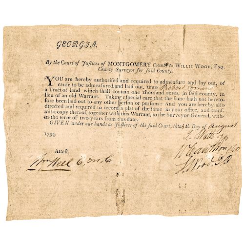 1794 Printed Official Land Survey Order Signed Montgomery Cty, Georgia