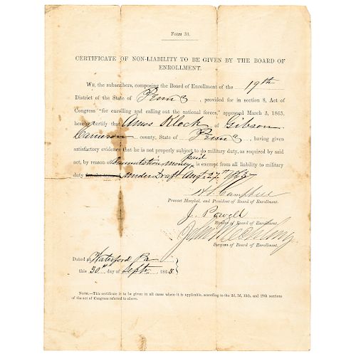 1863 Commutation Money Paid Certificate, Not Subject to Military Service Draft 
