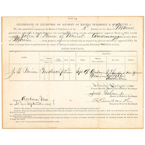 1864 Civil War Military Certificate of Exemption having Furnished a Substitute!