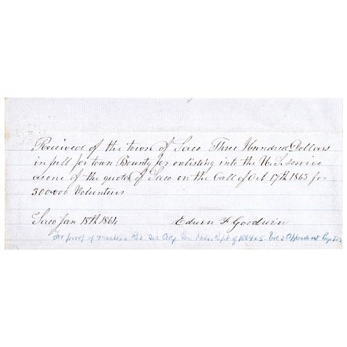 1864 Civil War Receipt for $300 Civil War Union Enlistment Bounty, Saco (ME)