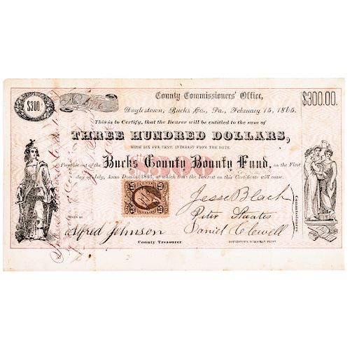 1865 Civil War Bucks County, Pennsylvania $300 Enlistment Bounty Fund 6% Bond