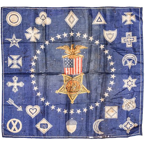 c. 1866 Grand Army of the Republic Commemorative Printed Blue Silk Textile
