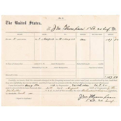 1873 Historic Buffalo Soldier Partly-Printed Pay Voucher to Lt. John M. Thompson