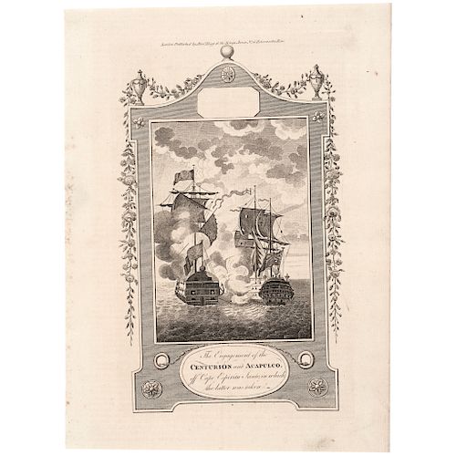 c. 1781, Revolutionary War Naval Print, Engagement of the Centurion and Acapulco