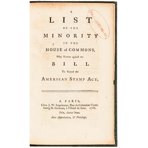 1766 Rare Stamp Act Tax Imprint: A List of Who Voted Against the Bill to Repeal