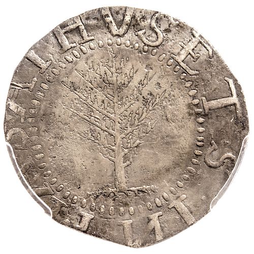 1652 MA Pine Tree Shilling Large Planchet. No Pellets at Trunk. Noe-2 About Unc.