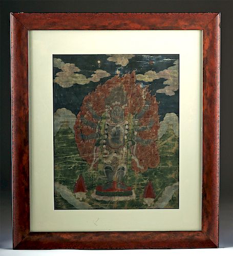 Framed 18th C. Tibetan Painting of Mahakala